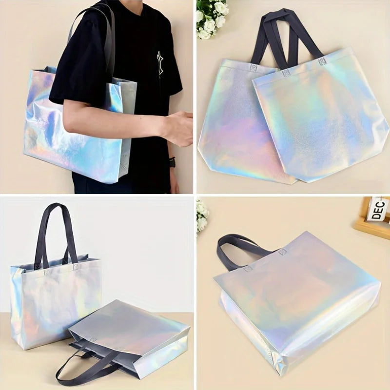 Iridescent holographic gift bags with sturdy black handles shown in various colors and angles.
