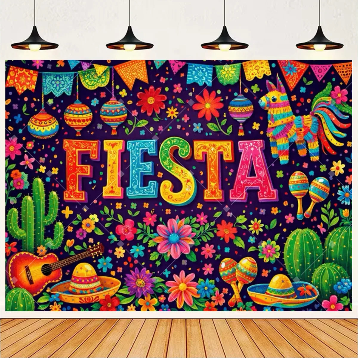 Vibrant Mexican fiesta photo backdrop featuring colorful flowers, a guitar, and a cactus design.