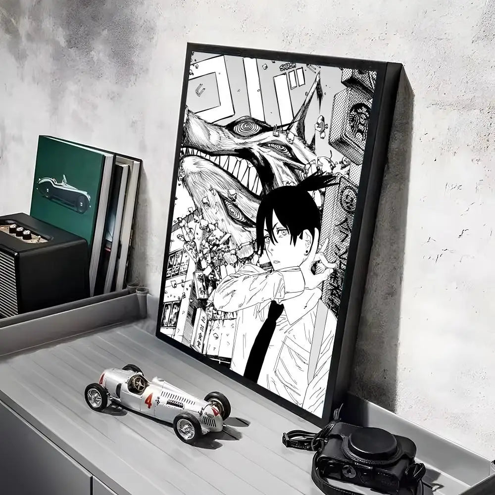 Anime wall art featuring a character in a suit and tie against a chaotic background.