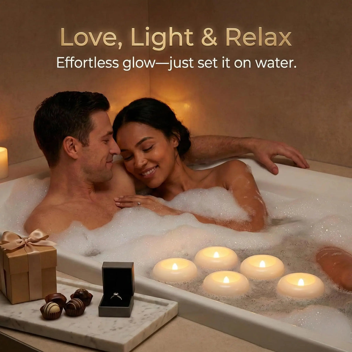 A man and woman relax in a bathtub filled with bubbles, surrounded by floating warm light candles.