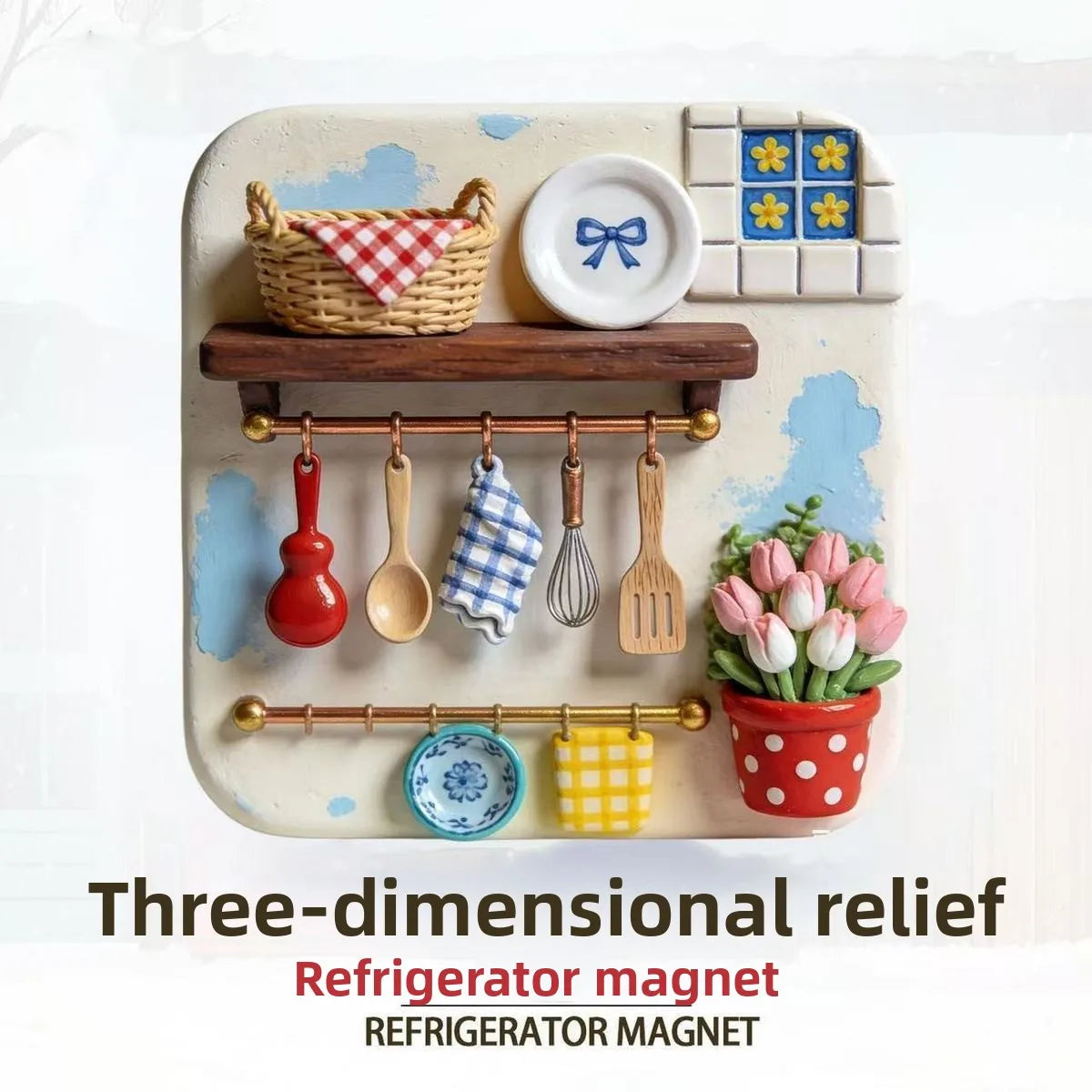 Three-dimensional relief refrigerator magnet featuring a woven basket, wooden utensils, and floral elements.