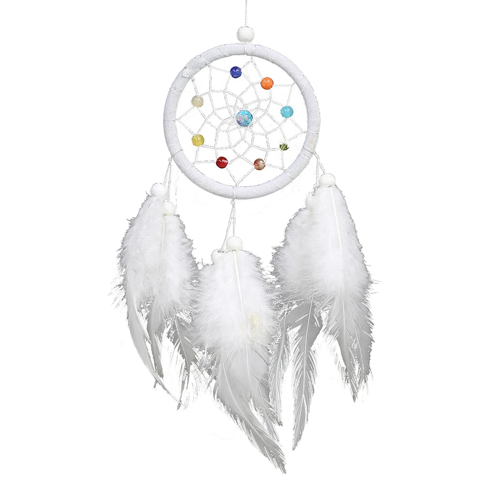 Handmade boho feather dream catcher wall decor with a white hoop and colorful beads