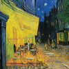A night street scene painted in Van Gogh style with yellow buildings and stars in the blue sky.
