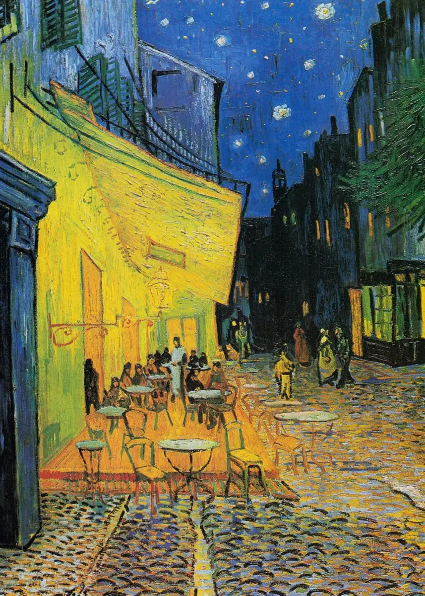 A night street scene painted in Van Gogh style with yellow buildings and stars in the blue sky.