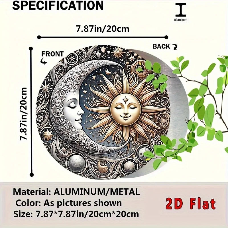 2D flat aluminum wall art featuring a detailed sun and moon design with green foliage.