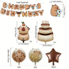 A set of capybara themed birthday decorations including a banner, a cake, and foil balloons.