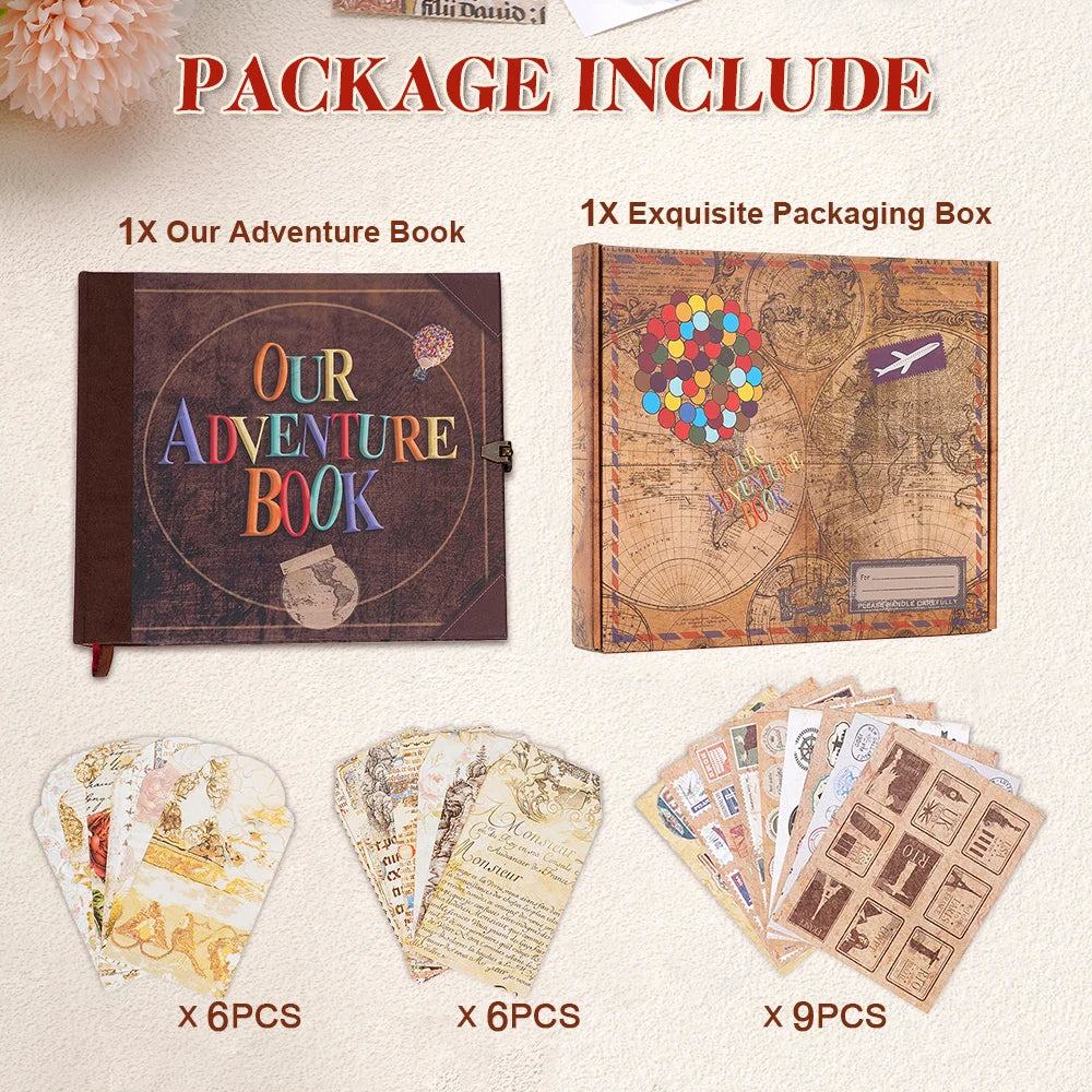 A package including an adventure book, an exquisite packaging box, and various photo albums.