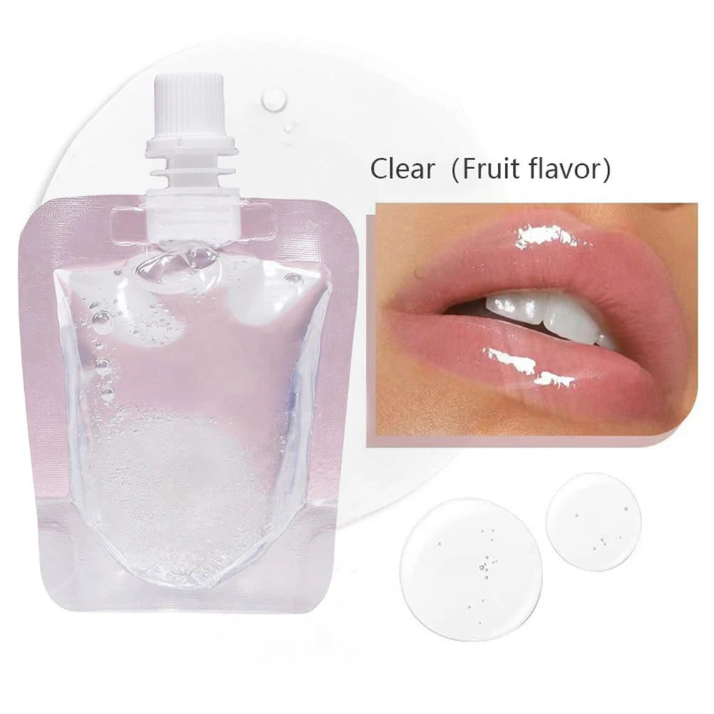 Clear fruit flavor lip oil gloss bottle and application on lips