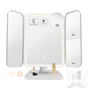 LED trifold makeup mirror with adjustable lighting showing various angles and accessories