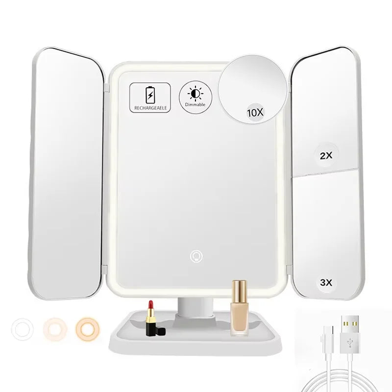 LED trifold makeup mirror with adjustable lighting showing various angles and accessories