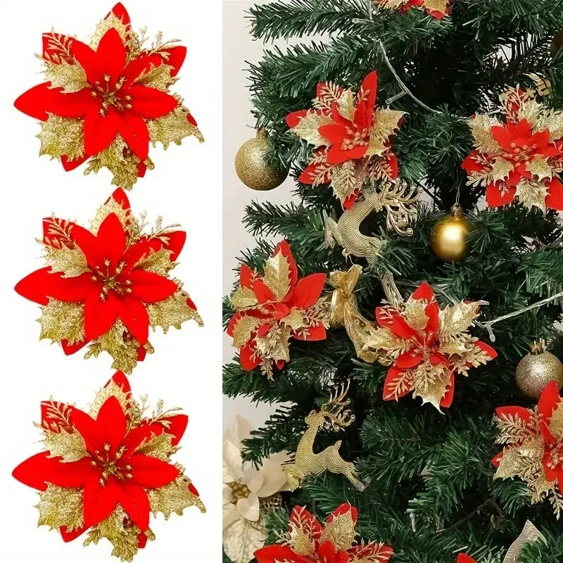 Glitter Christmas Flower Ornaments with Clips (Set of 5)