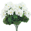 A bouquet of white silk begonia artificial flowers with green leaves.