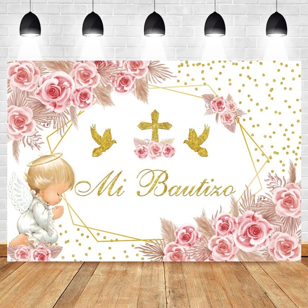 A floral and gold faith-themed backdrop featuring roses, leaves, and golden birds for a baptism or communion celebration.