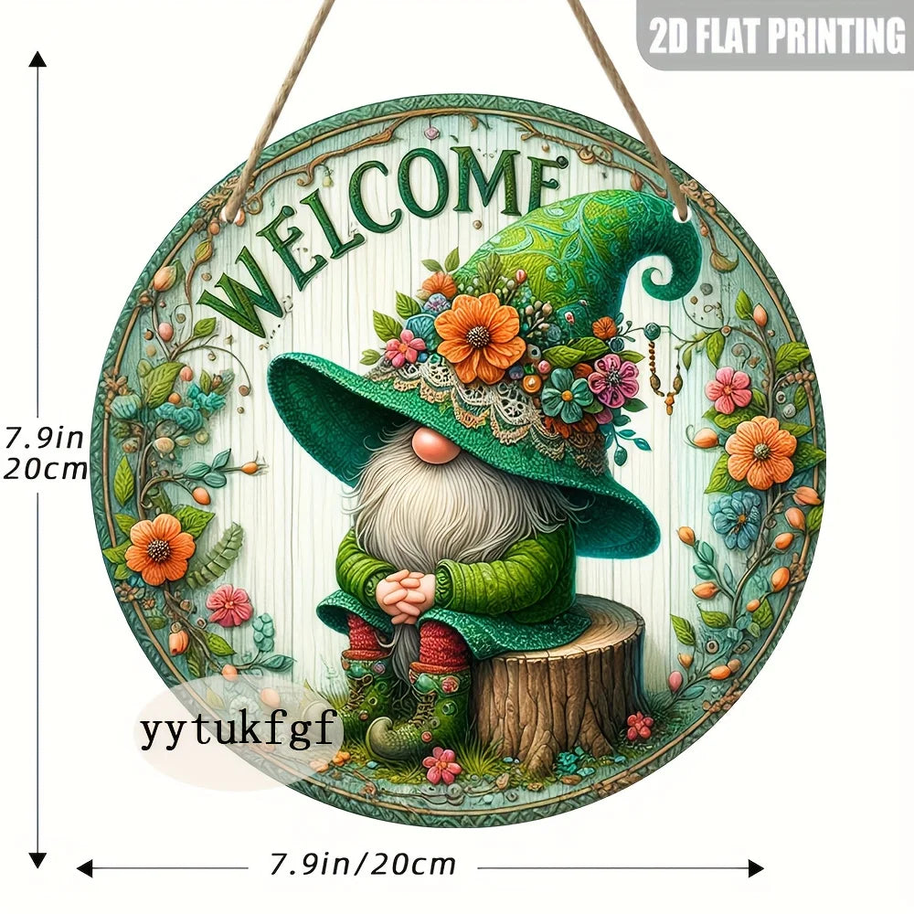 A handcrafted wooden garden gnome welcome sign featuring a green witch hat and beard surrounded by colorful flowers and folia