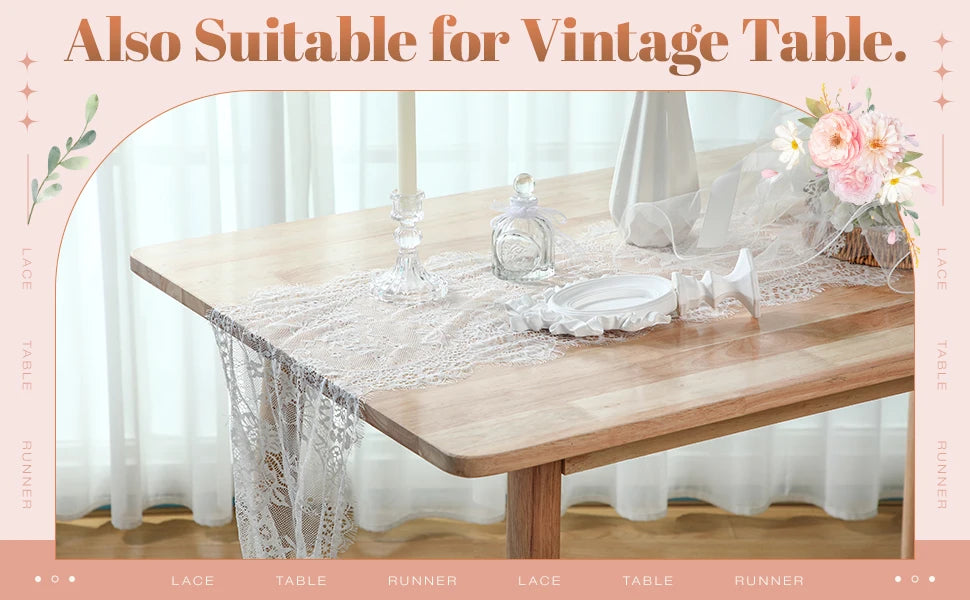 A wooden table is set with a white lace runner, glass vases, and pink flowers, suitable for vintage table decor.