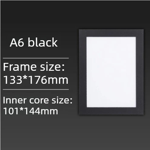 A6 black magnetic poster display frame with inner core size 101x144mm and frame size 133x176mm
