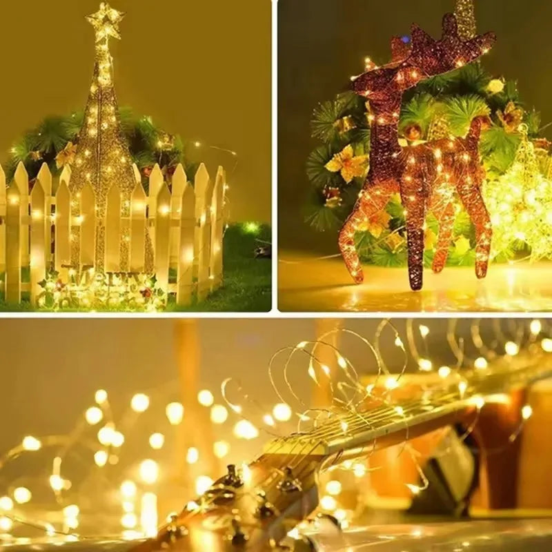Battery-powered fairy string lights illuminating a Christmas tree and a reindeer statue.