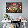 A canvas print depicting several dogs playing poker around a table with a red lampshade above them.