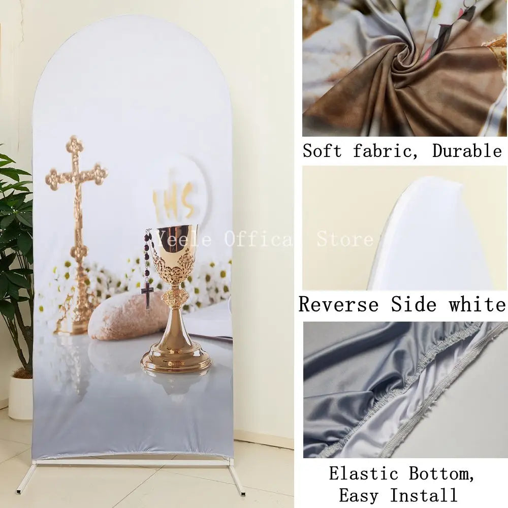 White fabric arch backdrop cover for parties featuring a cross and gold accents