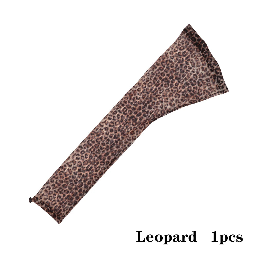A brown leopard print stretchy hair net cap with a drawstring sleeve.