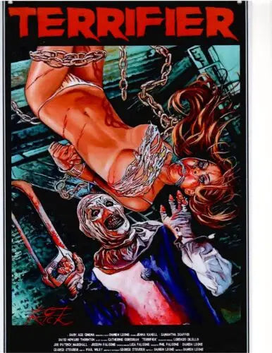 A poster featuring a menacing clown character in a dark, horror-themed design.
