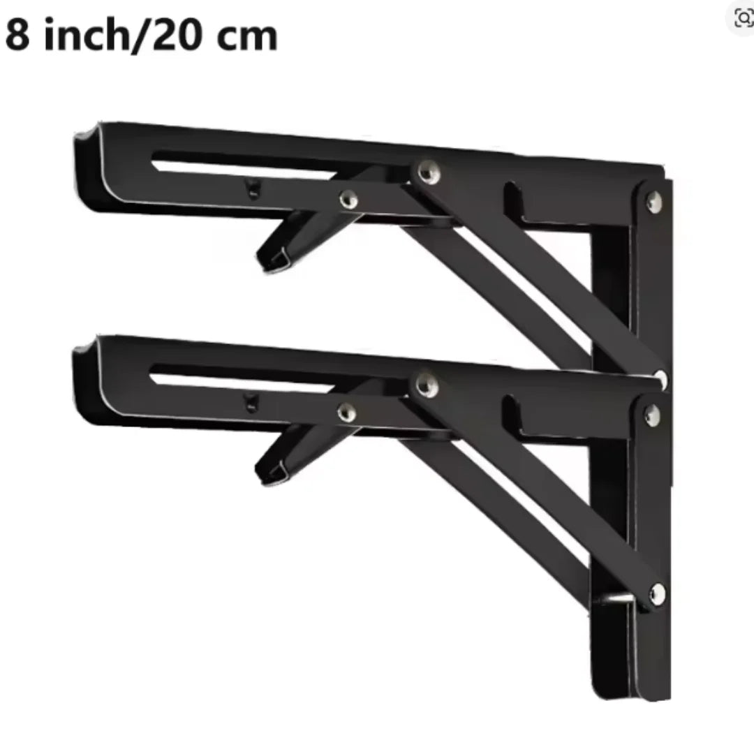 Black heavy-duty foldable wall-mounted shelf brackets for supporting a shelf.