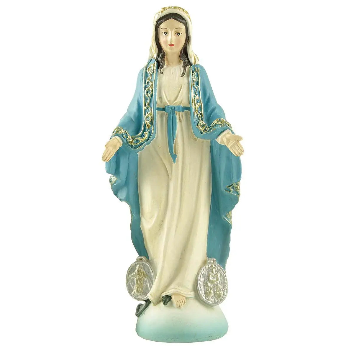 A white and blue statue of the Blessed Mother with a halo, wearing a flowing robe and holding a miraculous medal.