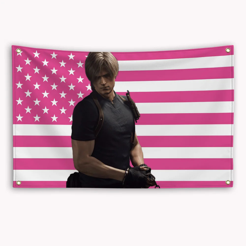 A banner featuring the design of the American flag with pink and white stripes and stars.