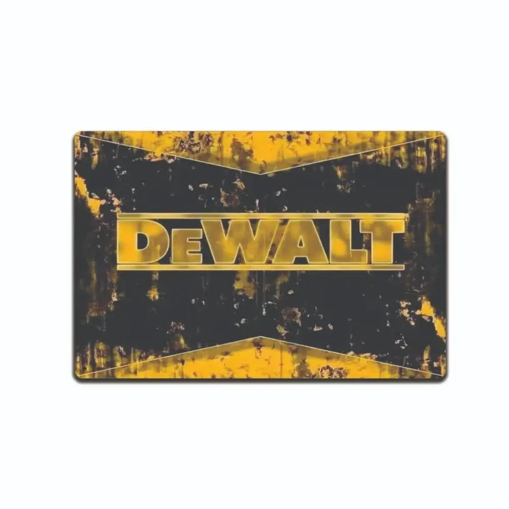 A distressed yellow and black metal tin sign with the word DEWALT on it.