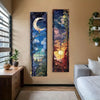 A vertical tapestry wall hanging featuring a crescent moon and celestial elements in blue, purple, and gold tones.
