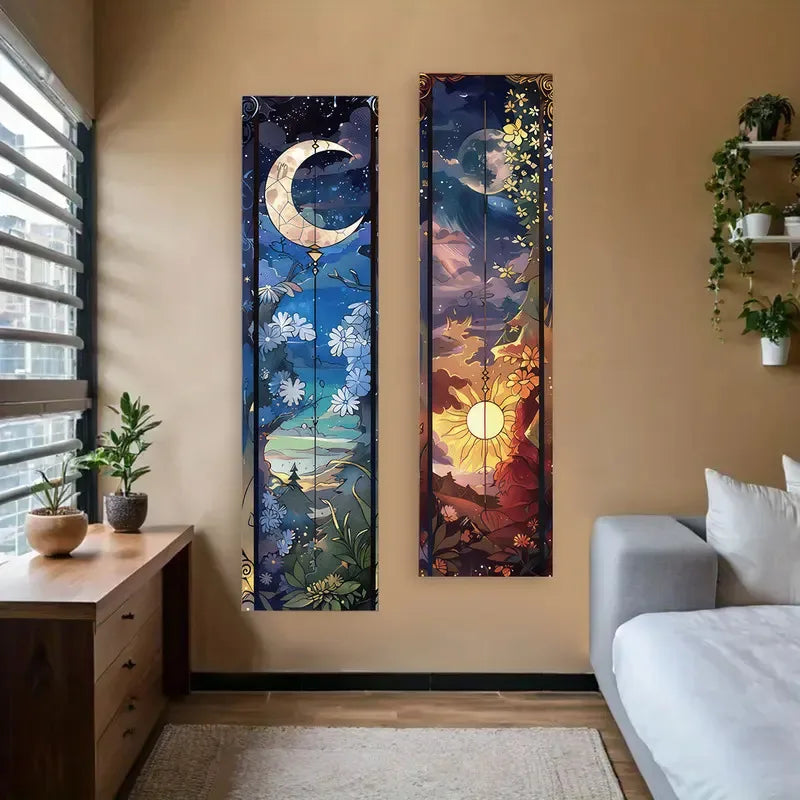 A vertical tapestry wall hanging featuring a crescent moon and celestial elements in blue, purple, and gold tones.