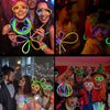 A collage of people wearing and holding colorful glow sticks, bracelets, and necklaces at a party.