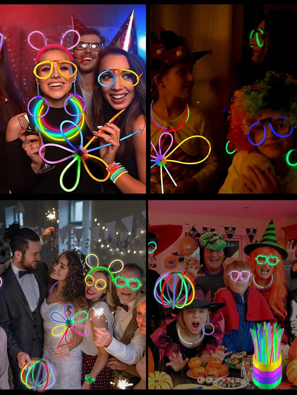 A collage of people wearing and holding colorful glow sticks, bracelets, and necklaces at a party.