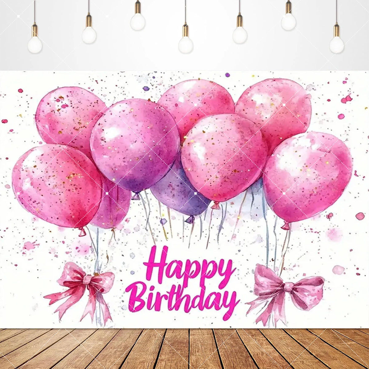 Pink confetti and balloons with ribbons creating a happy birthday backdrop