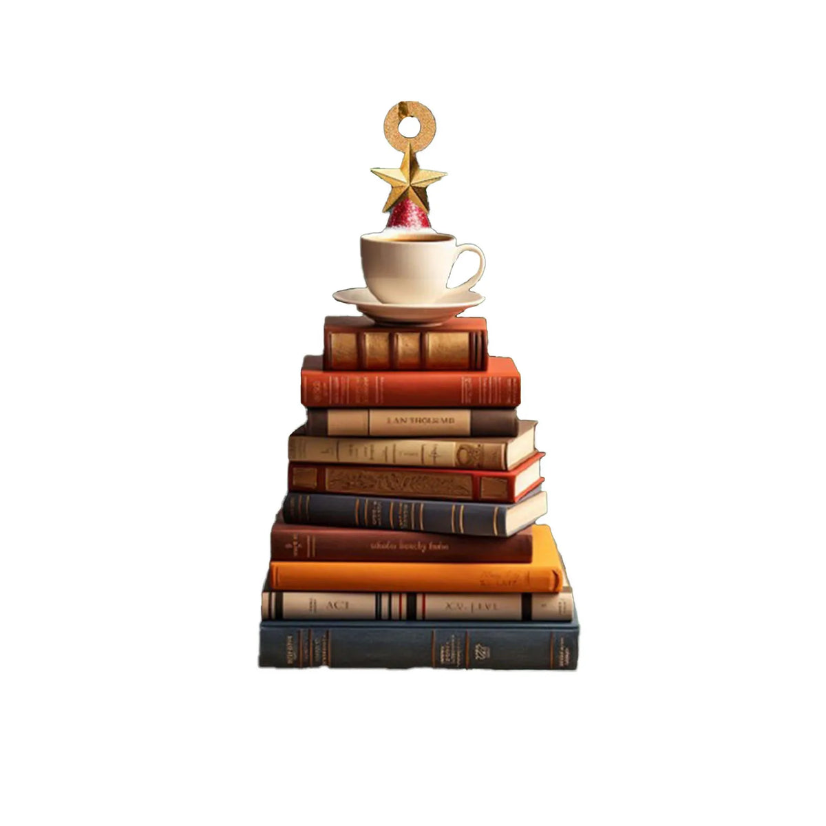 Ornement acrylique en forme d'arbre à livres créatif avec une étoile dorée et des livres empilés.