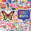A colorful sticker pack featuring various rainbow and pride themed graffiti designs, including a speech bubble with the word 