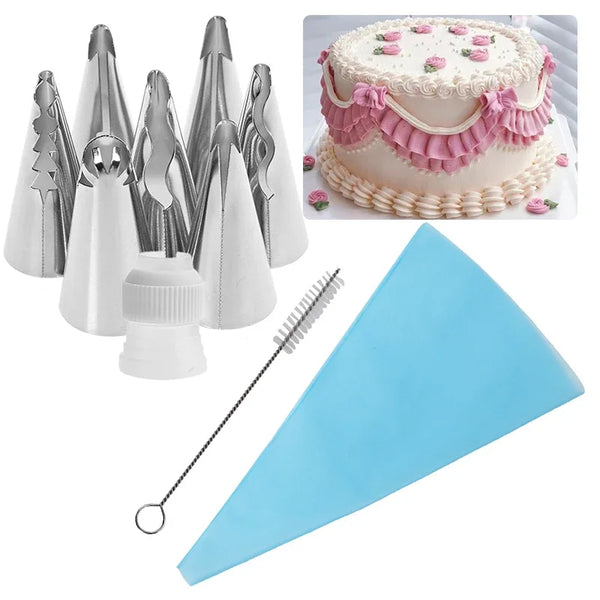 A set of silver and white Russian piping tips for cake decorating, including various shapes and a blue piping tip.