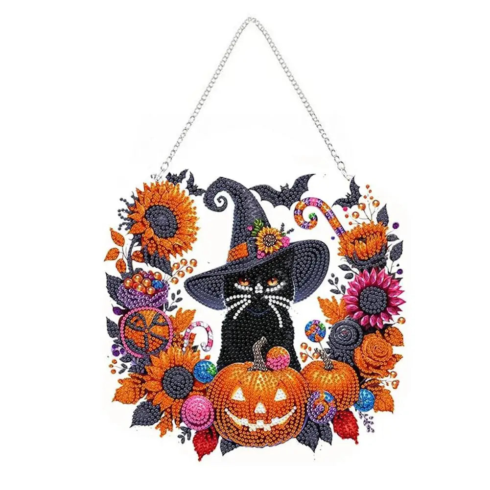 Diamond painting kit featuring a black cat, moon, skull, and pumpkin designs in orange and purple hues.