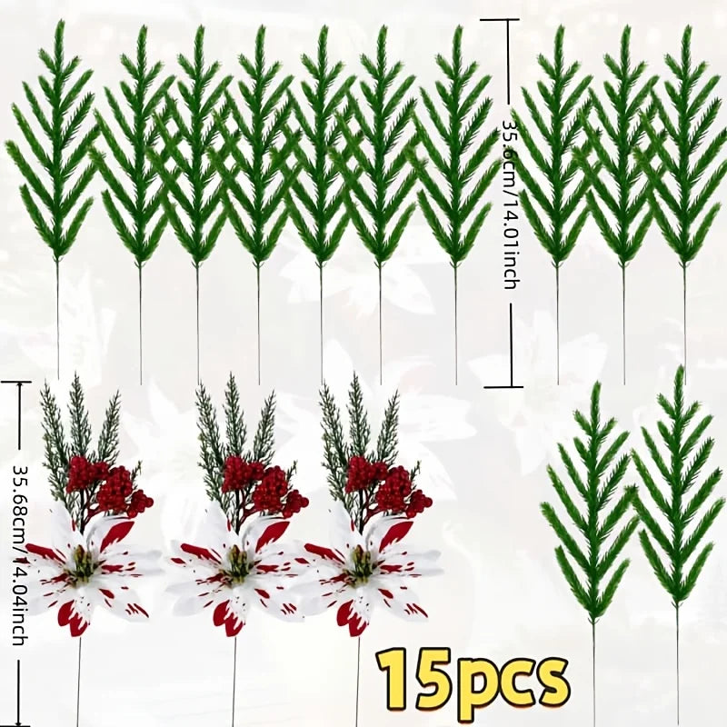 A set of 15 artificial evergreen branches in shades of green and red, suitable for floral arrangements.