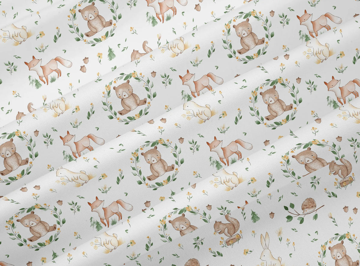 Light gray fabric with an all-over floral print featuring small brown teddy bears and yellow flowers.