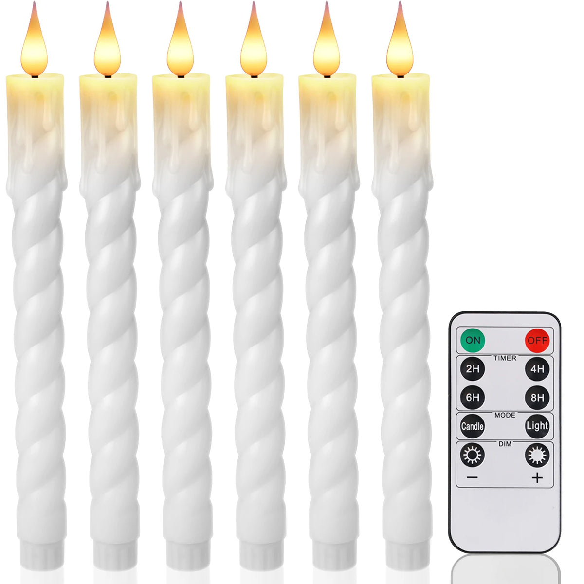 A set of six white tapered flameless LED taper candles standing upright.