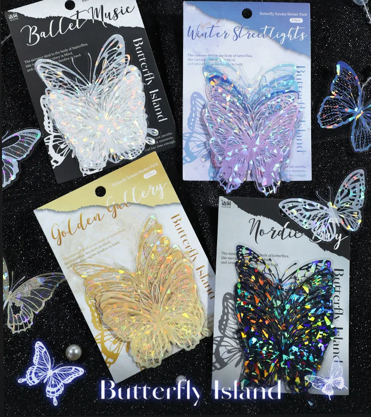 A collection of butterfly stickers featuring iridescent and metallic finishes for journaling and crafts.