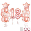 A collection of rose gold foil balloons including a star, number 1, and number 8 for birthday party decor.