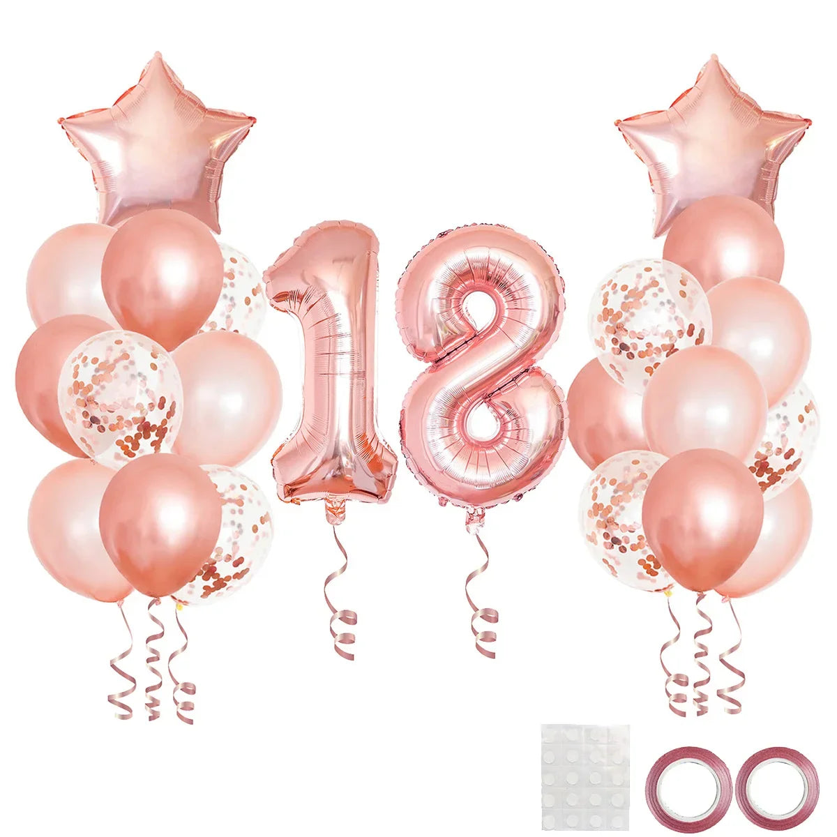 A collection of rose gold foil balloons including a star, number 1, and number 8 for birthday party decor.