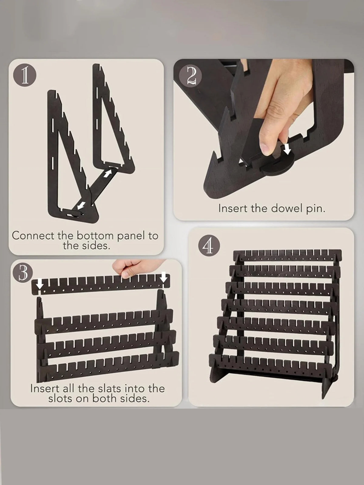 Step-by-step instructions for assembling a multilayer wooden earring organizer with jewelry display.