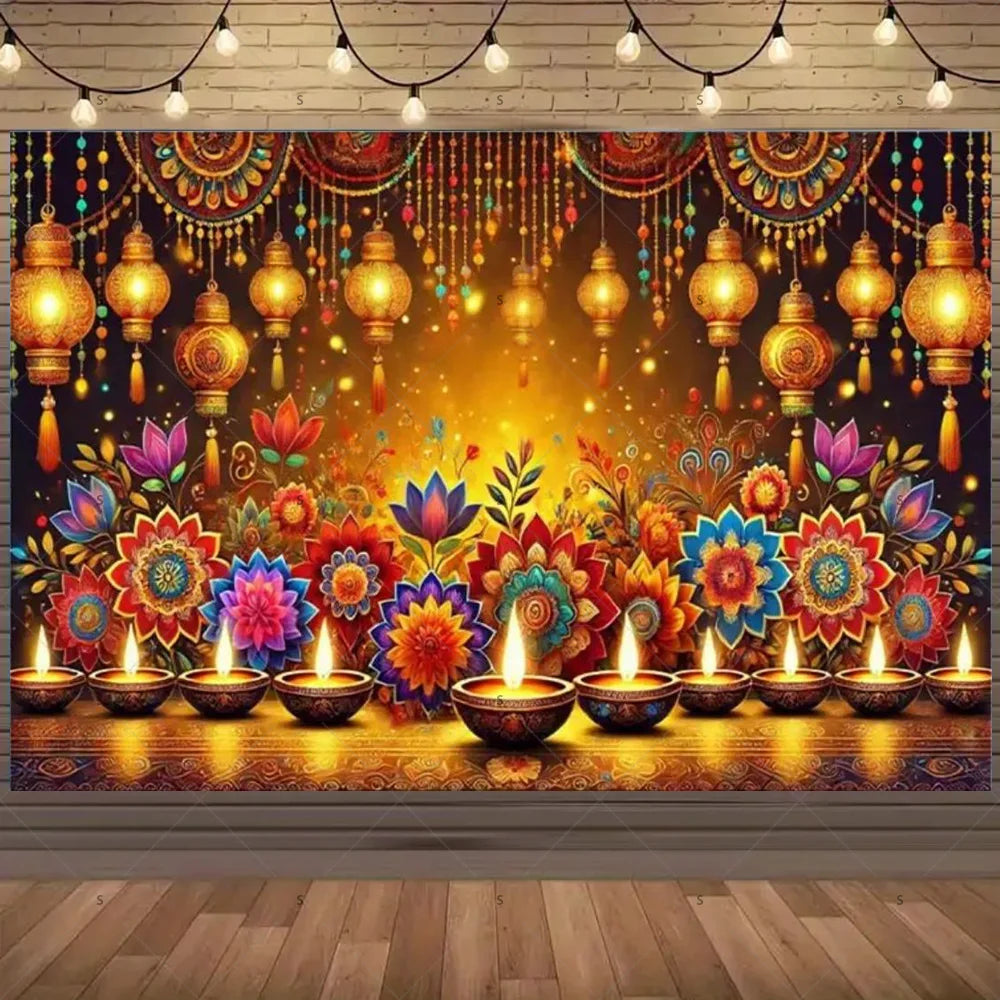 A vibrant Diwali backdrop featuring hanging golden lanterns and colorful floral decorations against a dark background.