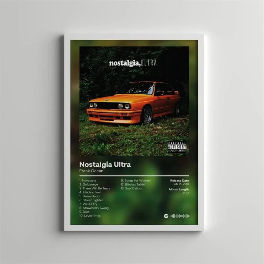 Album cover art for Nostalgia Ultra featuring a dark orange car on a green field.