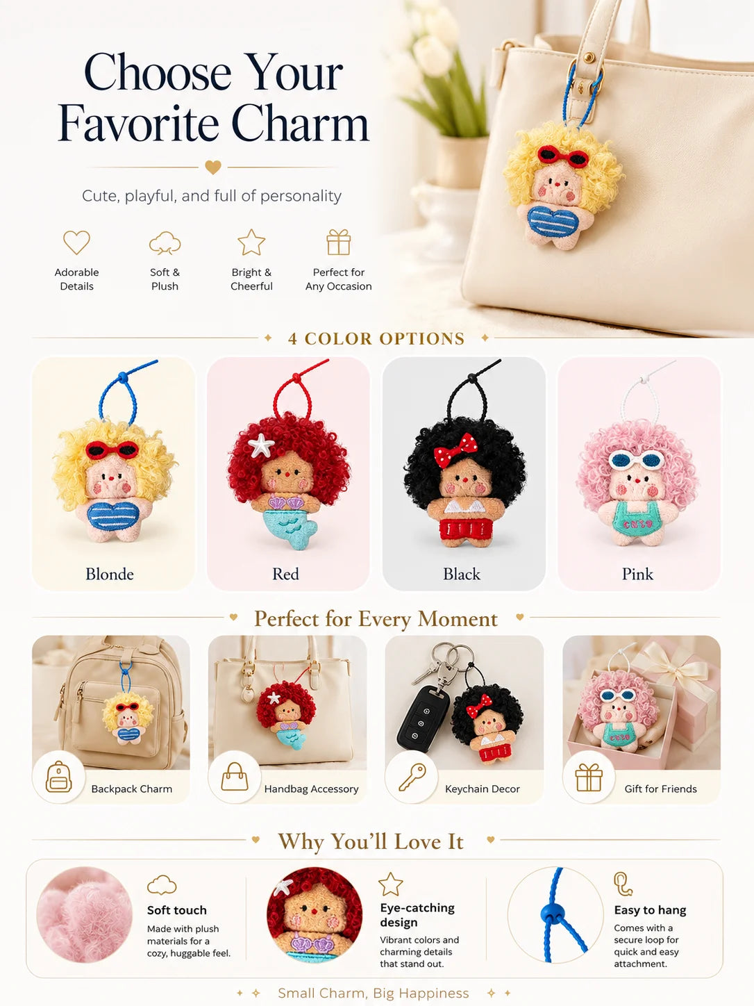 A collection of colorful plush bag charms featuring cute stuffed animals like a blonde, red, black, and pink bear.