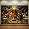 A painting depicting a nativity scene with angels, shepherds, and sheep under a star above a straw wreath.