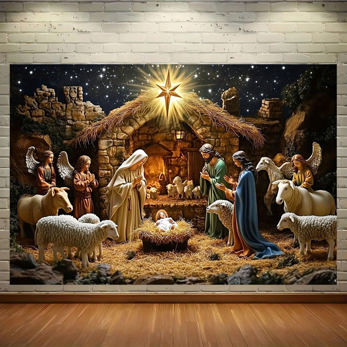 A painting depicting a nativity scene with angels, shepherds, and sheep under a star above a straw wreath.
